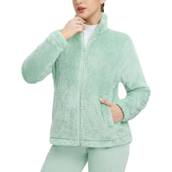 Women's Fleece Fuzzy Cozy Full Zip Up Light Green Ski Jacket Coat Winter Warm